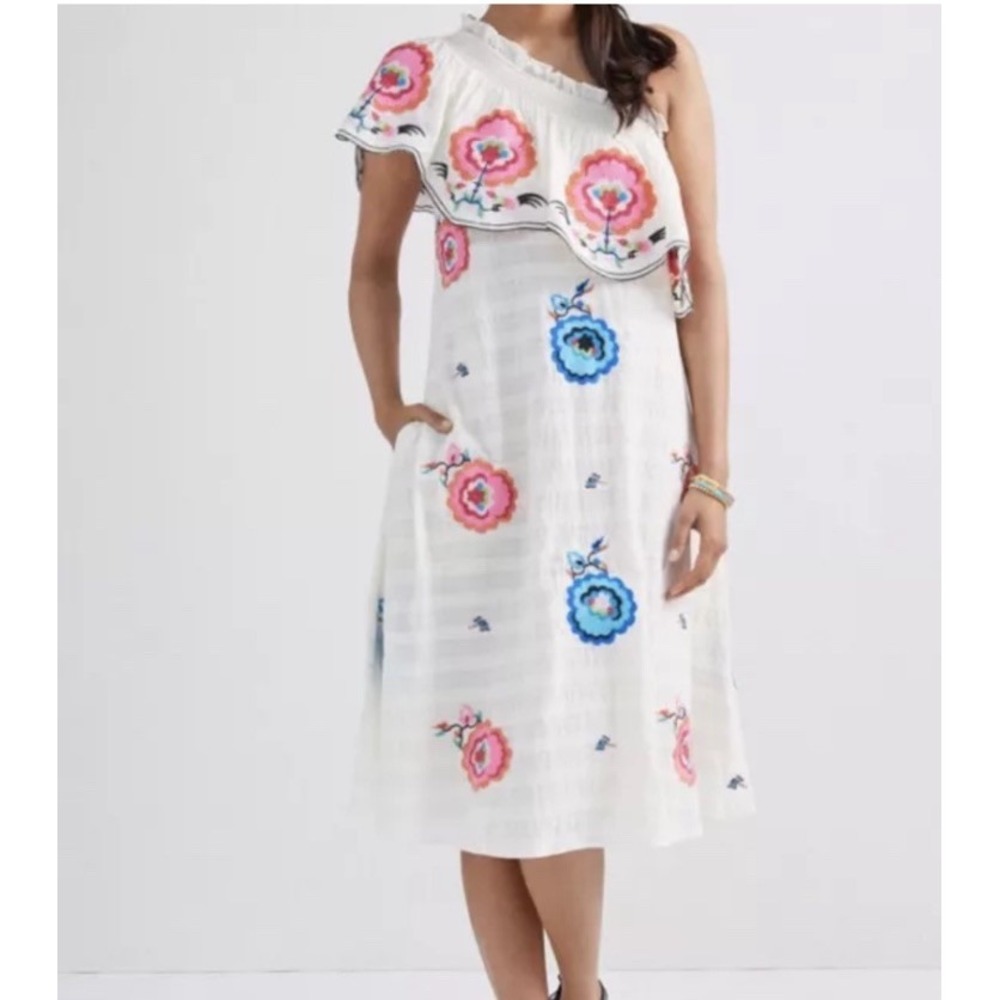 Anthropologie x Plenty Embroidered One-Shoulder Knee Length Boho Dress XS Floral